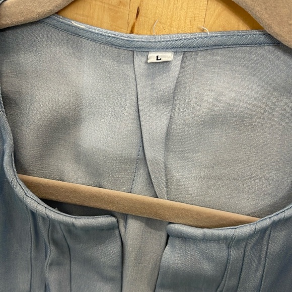 ROTITA ROLL SLEEVE Sz L BLUE WOMENS BUTTON FRONT SPLIT NECK BLOUSE PLEATED BACK - Picture 5 of 10